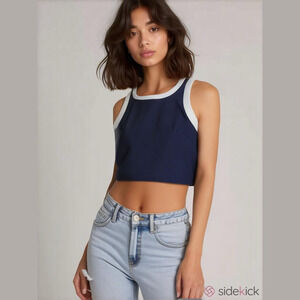 Signature By Robbie Bee Navy Crop Top White Hem Polyester Spandex Women Size XL